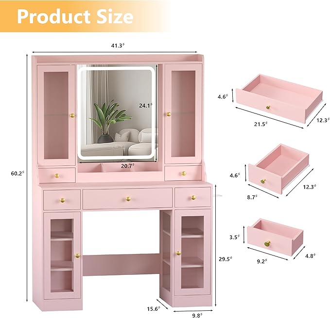 Makeup Vanity Desk with Mirror and Lights, 41" Pink Vanity Set with 5 Drawers & 4 Glass Cabinets, Power Outlet & Adjustable LED Lights, Dressing Table for Women & Girls Bedroom