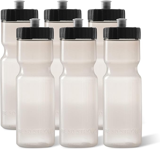 50 Strong Sports Water Bottles – Reusable 22 oz BPA-Free Plastic Bottles with Pull Top Cap – Made in USA – Top Rack Dishwasher Safe – Fits Most Bike Cages Brand