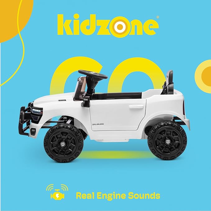 Kidzone Ride On Truck for Kids, Licensed RAM 3500 12V Battery Powered Electric Car Toy with Remote Control, LED Lights, Bluetooth Music & Rear Suspension - White