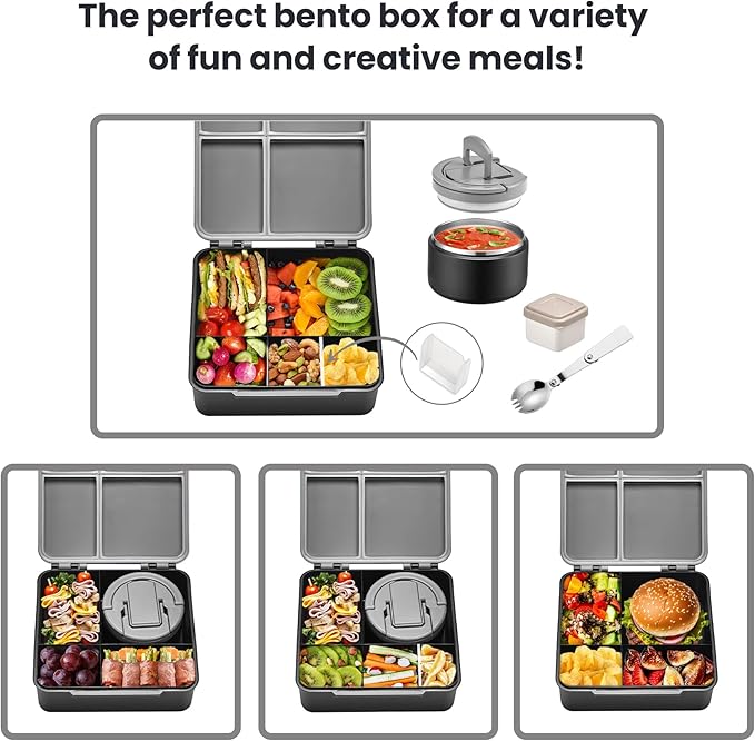 Bento Lunch Box with 8oz Soup Thermo,Kids Leakproof 4 Compartment Lunch Food Containers with Sauce Cup and Ice Pack,Kids Thermo Insulated Hot Food Jar and Lunch Bag for School,Trvael-Black