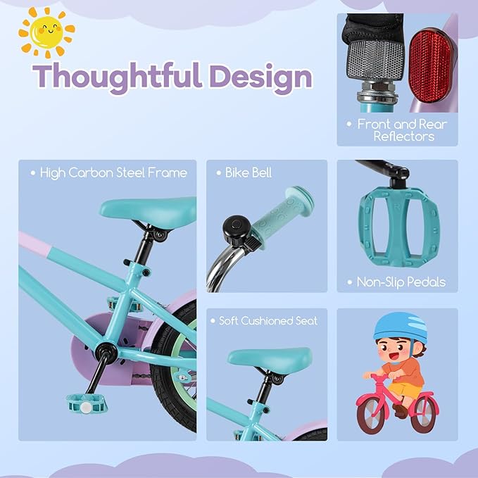 BABY JOY Colorful Macarons Kids Bike, 12 14 16 18 Inch Sporty Children's Bicycle with Training Wheels, Adjustable Handlebar & Saddle, Handbrake & Coaster Brake, Boys Girls Bike for 3-8 Years Old