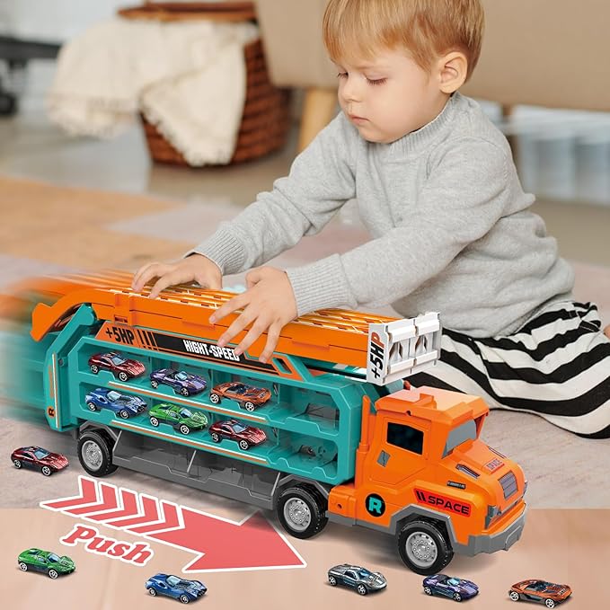 Toddler Car Truck Toys,Car Carrier Truck Toy for Kids Age 3-5 4-8,Foldable Car Track Sets with 2.8-Ft Race Track and 6 Die-Cast Race Cars, Truck Toys Gifts for 3 4 5 6 7 8+ Year Old Boys Girls(orange)