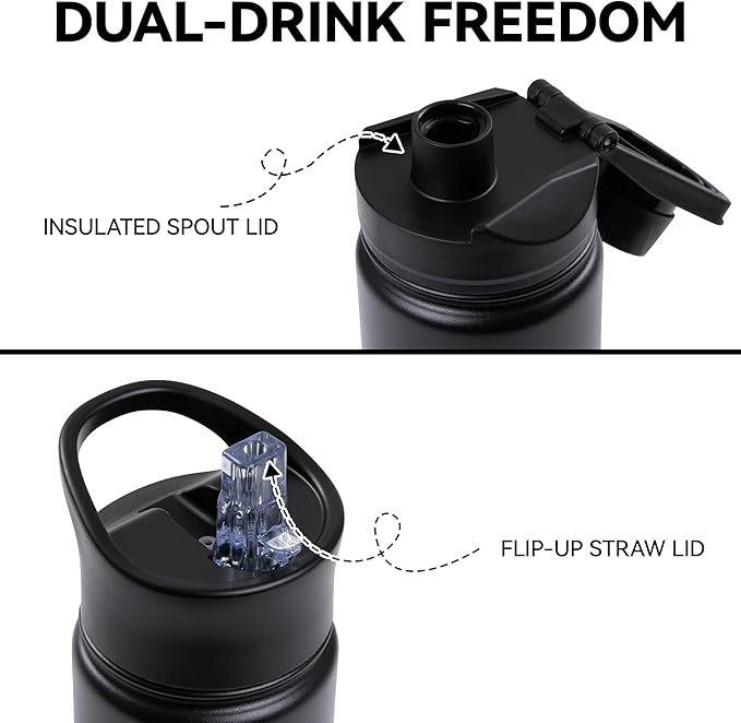 16 oz Insulated Water Bottle for School, Straw & Spout Lid, Keep Cold 24H, Spill Proof, BPA-Free, Double Wall Stainless Steel Kids Water Bottles for Sports, Gym, Travel, Black