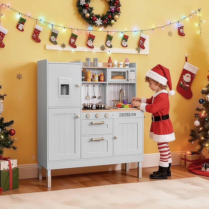 Arlopu Play Kitchen for Kids, Wooden Toy Toddler Kitchen Sets, Sturdy Pretend Cooking Playset with Storage & Accessories, Realistic Light & Sound, Stove, Fridge, Microwave, Removable Sink (Gray)