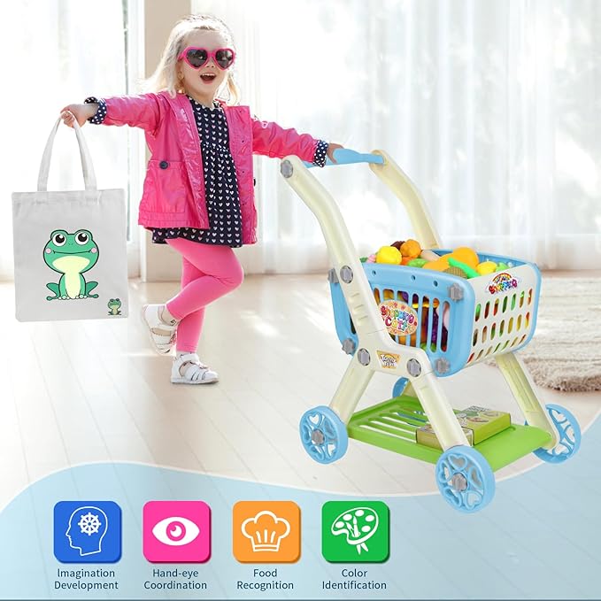 Kids Shopping Cart - 2 in 1 Toy Shopping Cart with Play Food Fruit Vegetable Dessert and Shop Accessories, 72pcs Pretend Play Grocery Store Toy Kitchen Game Trolley Play Set for Kids (Blue)