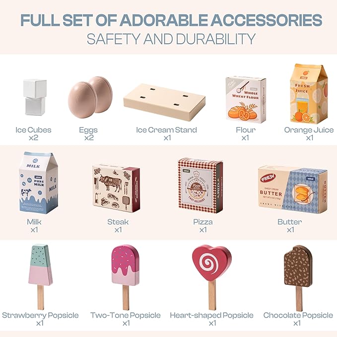 ROBUD Fridge Refrigerator with Ice Dispenser, Wooden Play Fridge Freezer Set for Kids, Toddler Kitchen Playset with Full Accessories Pretend Play Set, Gift for Boys & Girls, Age 3+