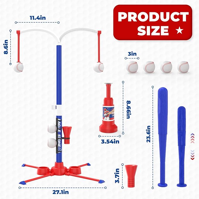 EagleStone 3-in-1 Toddler T Ball Set for Kids 3-5 5-8, 2 Baseball Bats, Adjustable Height Hanging Tee, Tball Batting Stand, Ball Launcher, Outdoor/Indoor Baseball Toys,Backyard Sports Gift