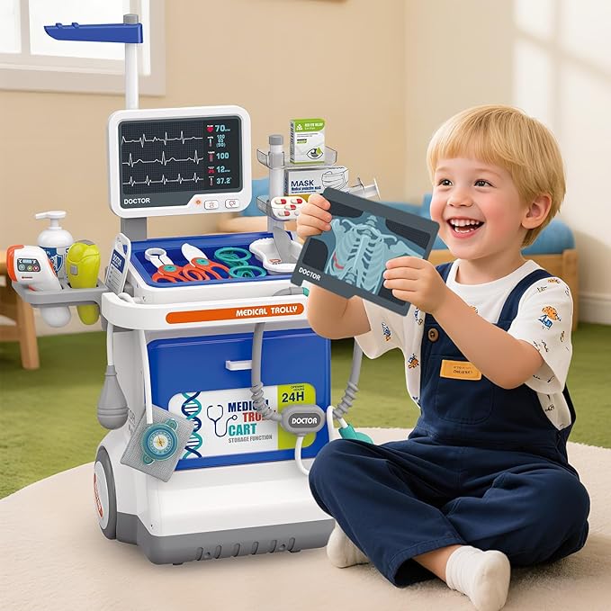 Doctor Kit for Kids Pretend Medical Station Set for Boys & Girls Mobile Cart with Kids Play Set for Ages 3 and Up Children Role Play Educational Toys (Blue)