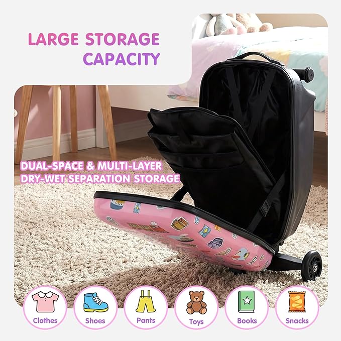 smilesun 4-in-1 Detachable Scooter Luggage for Kids & Teens, Foldable Hardside Ride On Suitcase with Wheels, Stylish and Safe Design(Pink)