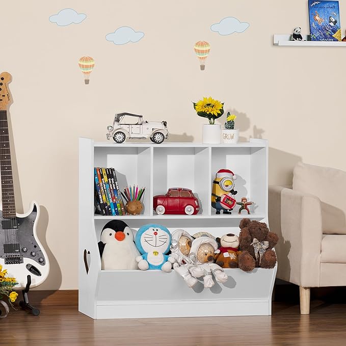 Lerliuo Kids White Toy Storage Organizer, Children Small Bookcase and Bookshelf, Toddler 4 Cubby Toy Storage Cabinet, Toy Shelf for Playroom, Bedroom, Living Room, Nursery, School 29.53'' H