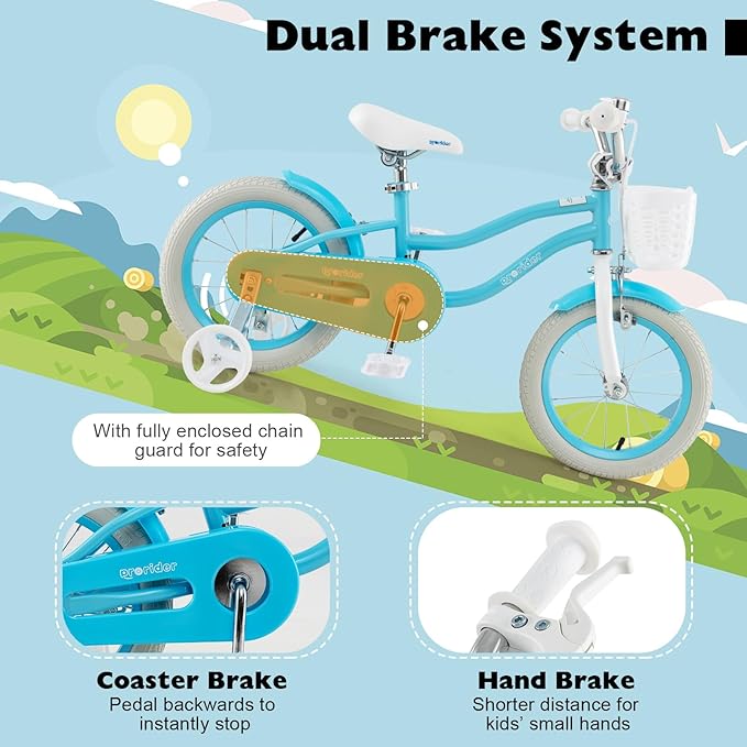 BABY JOY Kids Bike, 12 14 16 18 20 Inch Boys Girls Bike w/Adjustable Seat, Removable Basket, Handbrake & Coaster Brake, Training Wheels or Kickstand, Kids Bicycle with Multi-Color