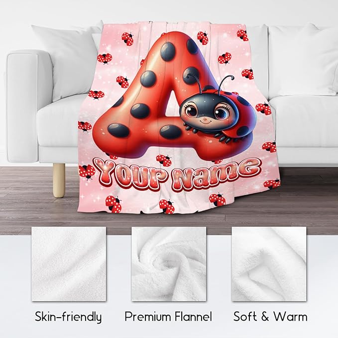 Custom Blanket with Name - Kids Blankets with Ladybug for Girls Boys - Personalized Monogram Gifts for Daughter Son - Fuzzy Plush Flannel Throws - 4 Sizes for Toddler/Children/Teens/Adults