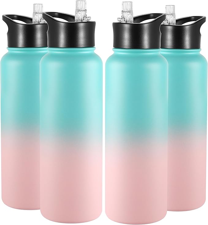 VEGOND 40 oz Insulated Water Bottle Bulk Stainless Steel Metal Water Bottles with Leak Proof Straw Lid & Spout Lid, Wide Mouth Double Walled Vacuum Travel Sports Bottle, 4 Pack