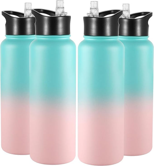 VEGOND 40 oz Insulated Water Bottle Bulk Stainless Steel Metal Water Bottles with Leak Proof Straw Lid & Spout Lid, Wide Mouth Double Walled Vacuum Travel Sports Bottle, 4 Pack