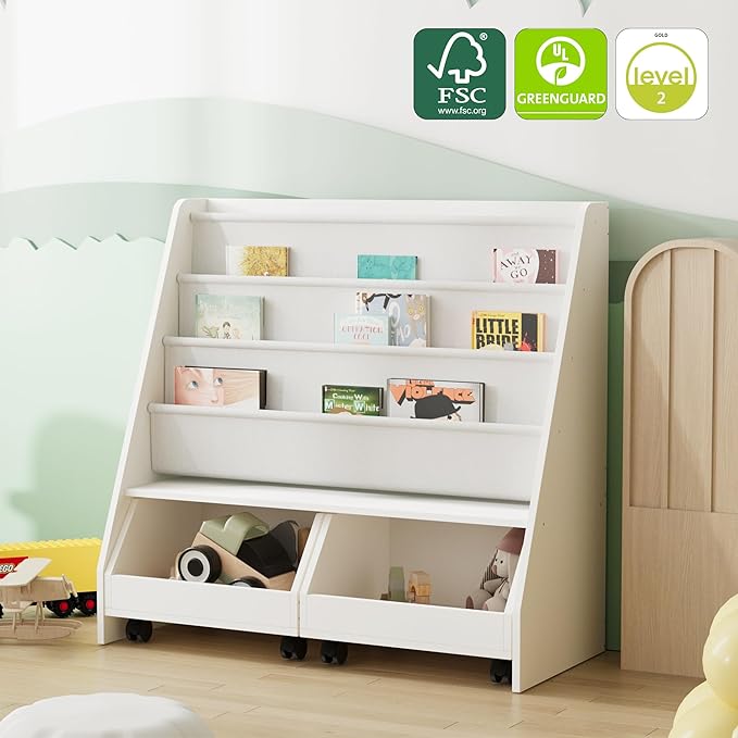 Kids Bookshelf with Two Movable Drawers Toddler Bookcase with Toy Storage Organizer Child Sling Book Rack Baby Cabinet Chest with Wheels for Nursery,Playroom,Bedroom,Living Room,Classroom