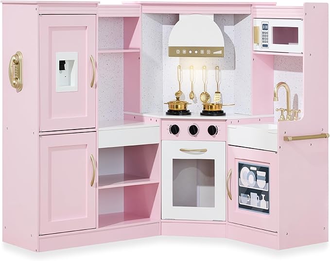 Best Choice Products Pretend Play Corner Kitchen, Ultimate Interactive Wooden Kids Playset w/Lights & Sounds, Ice Maker, Hood - Bevel Pink