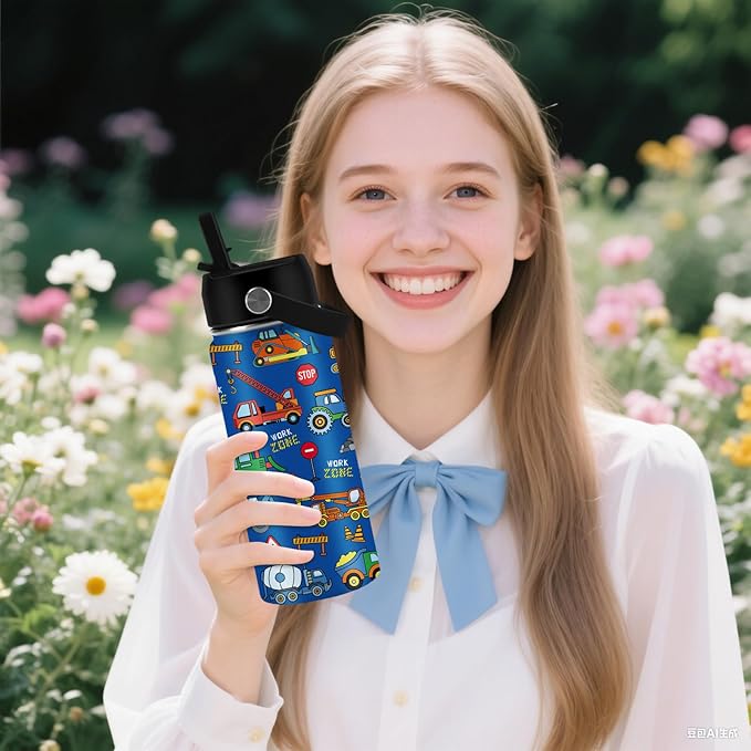 Construction Gifts for Men & Women - 16 Oz Water Bottle with Straw Lid, Stainless Steel Insulated Tumbler, Leak Proof, BPA-Free, for Boys, Travel - Truck Lovers Teen Birthday Gifts Cups(1pc)