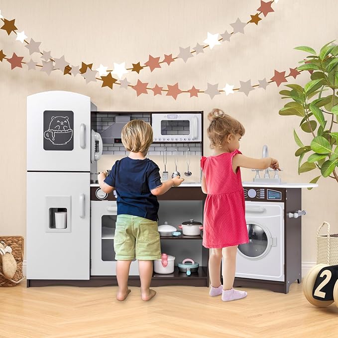Costzon Kids Kitchen Playset,2-Piece Wooden Modular Pretend Toy Playset w/Sounds & Lights, Washing Machine, Range Hood, Ice Maker, Blackboard, Play Telephone, Play Kitchen for Kids Ages 3+ (Brown)