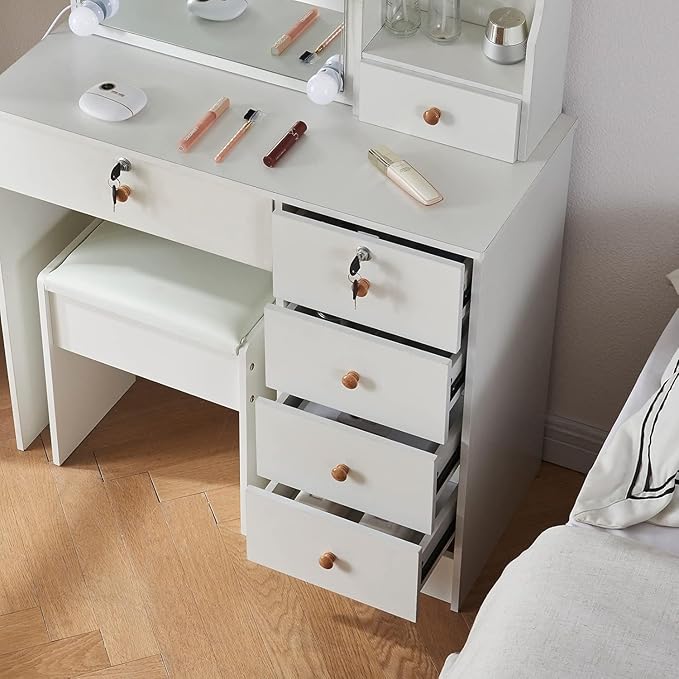 Makeup Vanity Set Dressing Table with Sliding Lighted Mirror and Lockable Drawers, Girls Vanity Set with Cushioned Stool and Hidden Shelves for Bedroom, Bedside. White