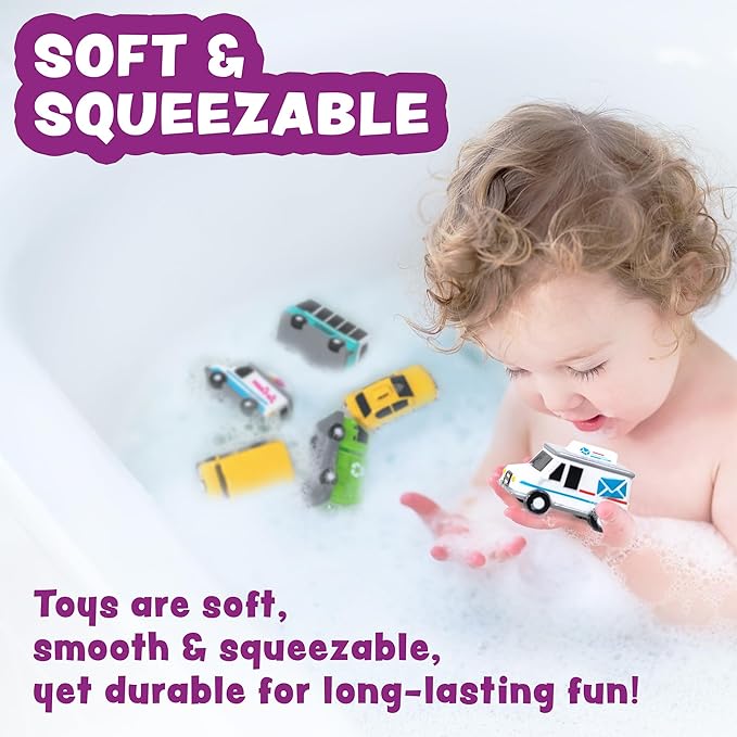 Tub Works® Vehicles™ Bath Cars Mold Free Bath Toys, 6 Pack | Sealed, No Hole Bath Toys Design Keeps Moisture Out | Soft, Squeezable & Float on Water | Fun Baby & Toddler Bath Toys | City Car Bath Toys