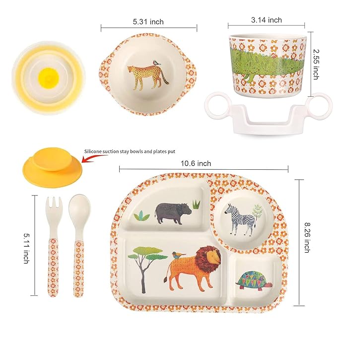 shopwithgreen 7Pcs/Set Bamboo Kids Dinnerware Set - Children Dishes - Food Plate Bowl Cup Spoon Fork Set Dishware, Cartoon Tableware, Dishwasher Safe Kids Healthy Mealtime, BPA Free