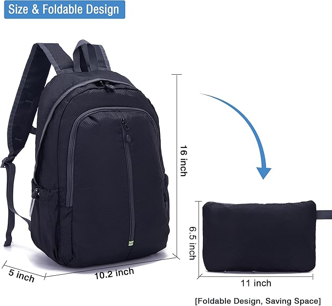 YZAOLL 25L Lightweight Packable Hiking Backpack Waterproof Hiking Daypack for Women Men Gym Backpack Travel Camping Vacation,Black