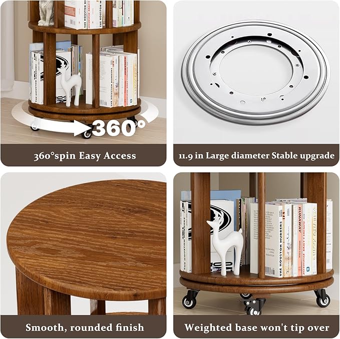 Rotating Bookshelf Tower with Wheels, 6 Tier Walnut Wood Round Spinning Bookshelf Tower, 360° Revolving Bookcase Rolling for Kids Adult, Rotation Book Shelf for Bedroom, Living, Office, Corner