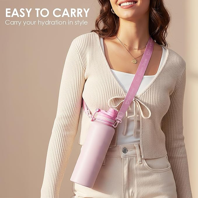 SANDJEST Stainless Steel Water Bottle with Strap 32oz, Insulated Bottles with Straw and Spout Lid for Gym Sports Travel Outdoor, Gifts for Women Girls Birthday Christmas (Pink)