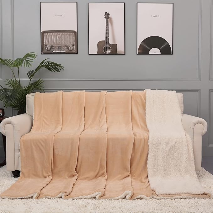 NANPIPER King Size Blanket Warm Sherpa, Soft Fleece Throw for Bed, Reversible Thick Fuzzy Microfiber for Winter (Beige,90x108 inches)