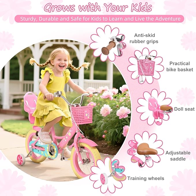 XJD Girls Bike for Toddlers and Kids Ages 2-12 Years Old,12 14 16 Inch Kids Bike with Training Wheels & Basket
