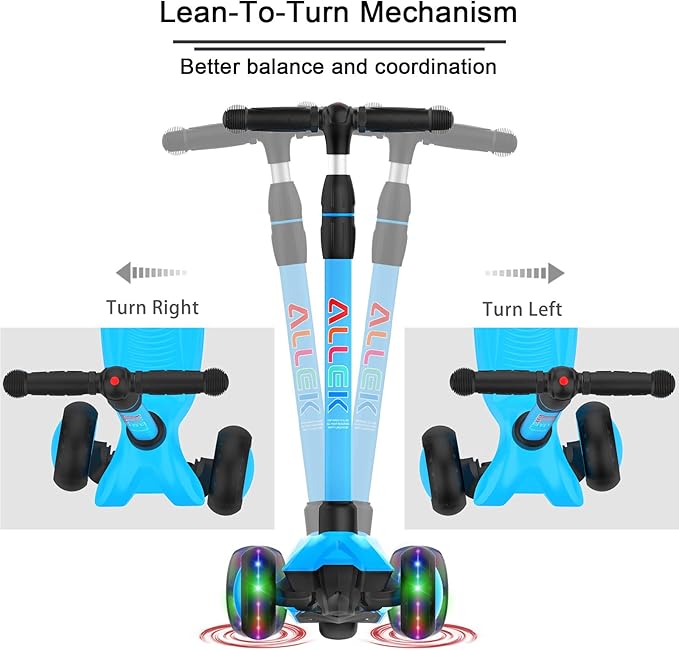 Allek Kick Scooter B03, Lean 'N Glide 3-Wheeled Push Scooter with Extra Wide PU Light-Up Wheels, Any Height Adjustable Handlebar and Strong Thick Deck for Children from 3-12yrs (Aqua Blue)