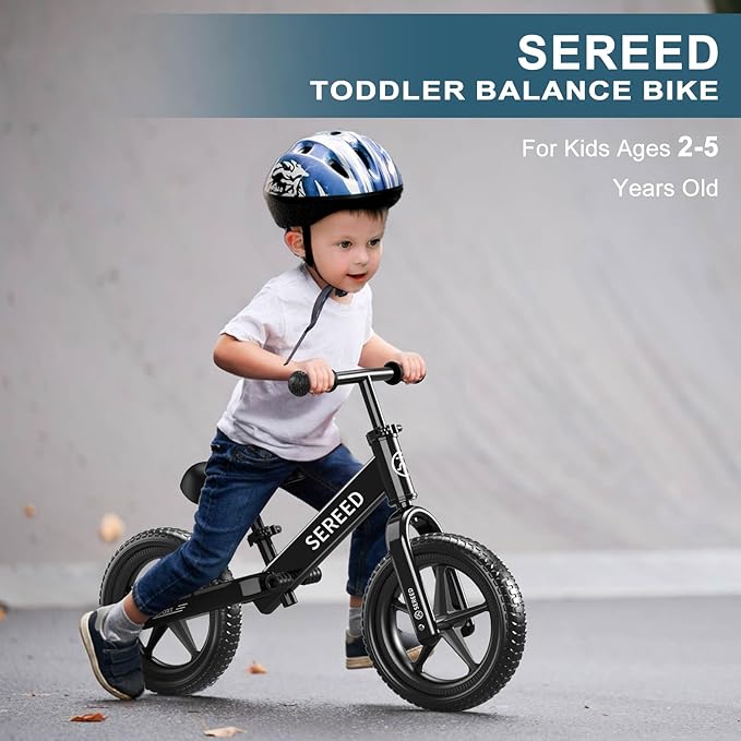 SEREED Toddler Balance Bike 2 Year Old, No Pedal Kids Toy Bike for 2-5 Years Old, Tool-Free Adjustment, for Grandkids 2-3 Boys Girls, Customize Plate with 3pcs Stickers (Black)