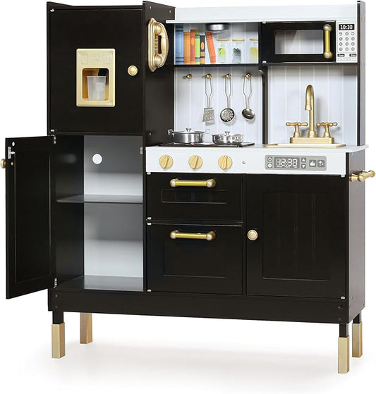 Kinder King Wooden Kids Play Kitchen, Kitchen Playset for Toddler Kid, Play Kitchen Toy Set w/Real Sounds, Pretend Microwave Oven, Ice Maker, Telephone, Gift for Boys Girls Age 3+,Black