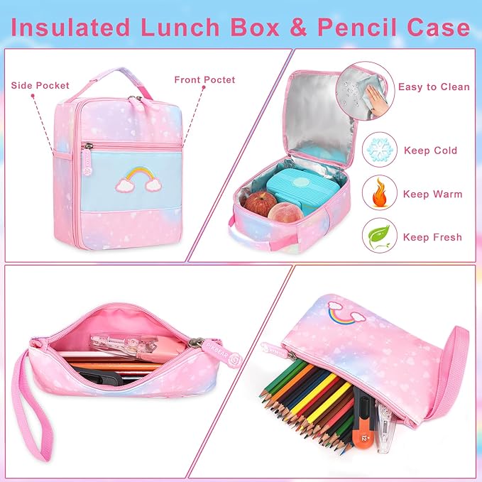 Girls Backpack Set 3 IN 1,Cute Rainbow Kids Backpack with Insulated Lunch Box Pen Case Set Student School Bag(Pink-3 pieces set)