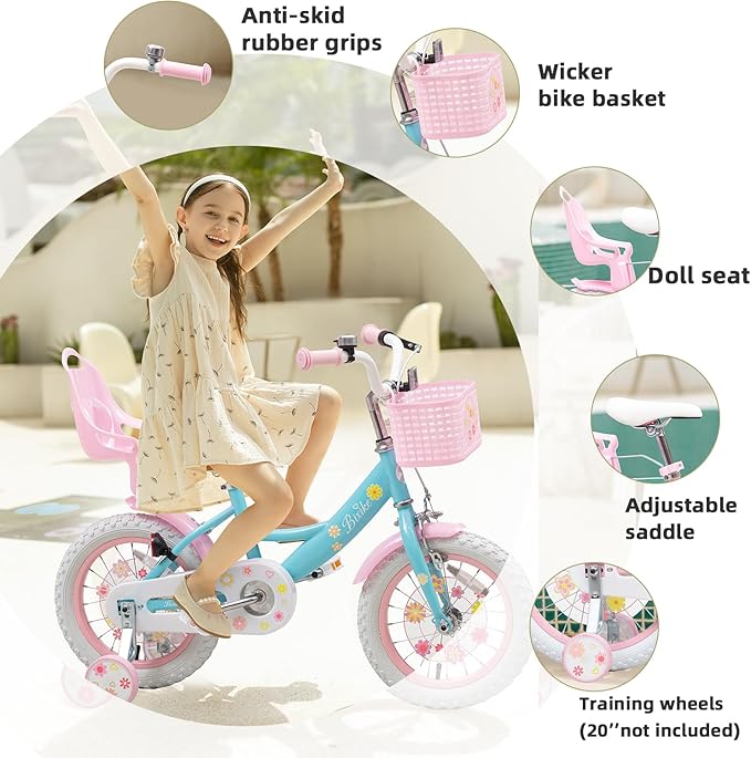 Girls Bike with Basket for Toddlers and Kids Aged 3-14 Years Old, 12 14 16 18 Inch with Training Wheels & Doll Seat, 20 Inch with Kickstand & Rear Rack, Princess Style Bicycle for Gift.