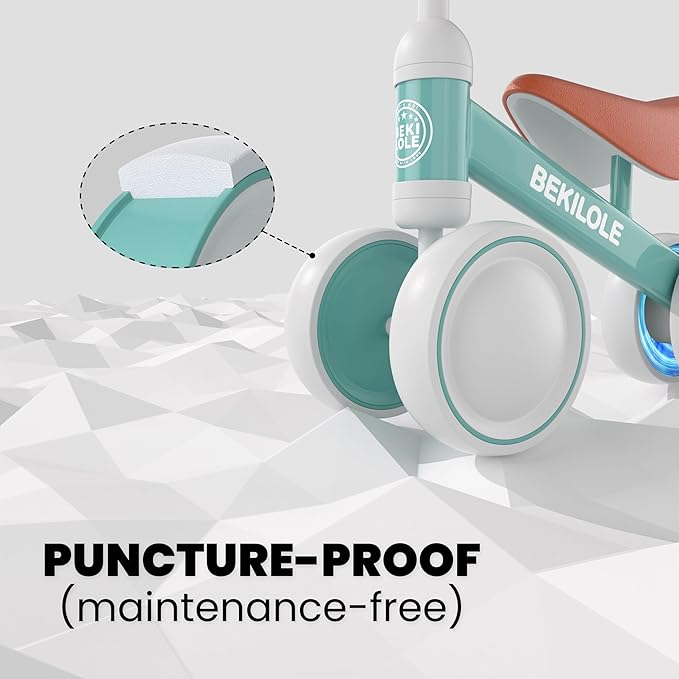 BEKILOLE Light Up Wheel Baby Balance Bike | 1 Year Old Boy Gifts & First Birthday Toy | Ride On Push Bike for One Year Old Boy Birthday Gifts Toddler Walker, Green & Brown