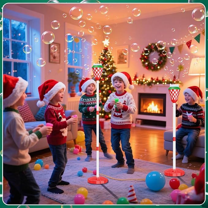 Christmas Bubble Machine for Kids, Garden Lamp Bubble Toy with Colorful Lighting and Music for Toddlers, Rechargable Bubbles Blower Maker Outdoor Toys for Christmas Birthday Wedding Party (Red)