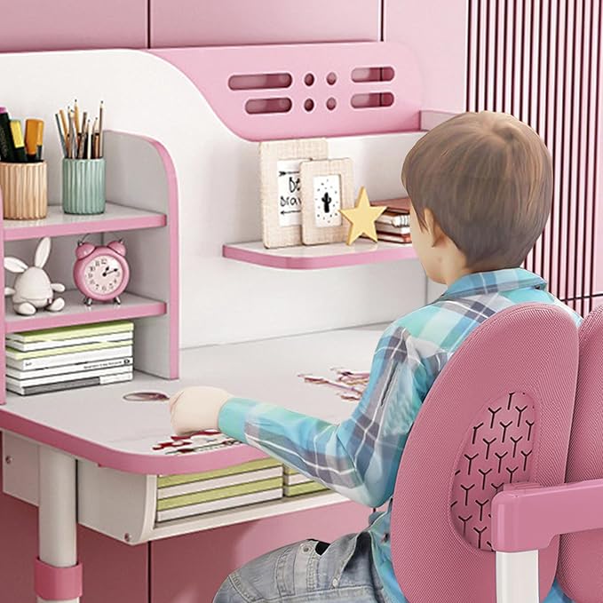 Kids Desk and Chair Set,Height Adjustable School Study Study Table Chair Set with Astronaut Pattern, Ergonomic Desk Chair with Large Writing Board, Bookshelf and Drawer Pink