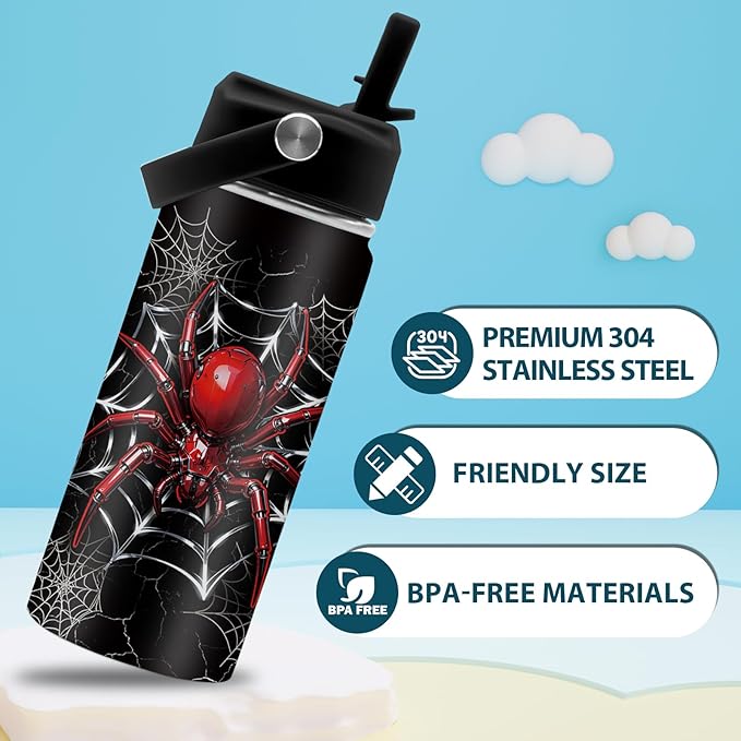 Spider Gifts for Boy, 16 oz Water Bottles with Straw Lid, Spiders Webs Stainless Steel Insulated Water Bottle, Spider Cup Gifts for Birthday Christmas
