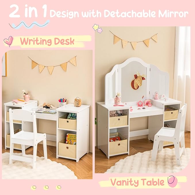 Costzon Kids Vanity, 2 in 1 Princess Makeup Vanity Desk & Chair Set with Tri-Folding Mirror, 4 Storage Bins, Wooden Dressing Table, Vanity Set for Little Girls (White)