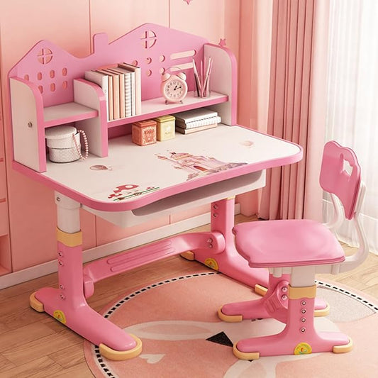 Kids Adjustable Study Desk & Chair Set w/Storage,Drawers,Bookshelf,Child Toddler Writing Homework Table,Little Girl Work Computer Desk,Princess Preschool Desk,Escritorio Mesas para Niña (Pink A)