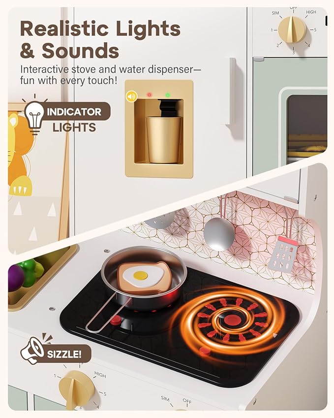 Babytronic Wooden Kitchen Playset for Kids, Pink Pretend Play Kitchen with Lights & Sounds, Retro Style Toy Kitchen for Toddlers Ages 3+, Wooden Play Kitchen Set with Realistic Design (Green)