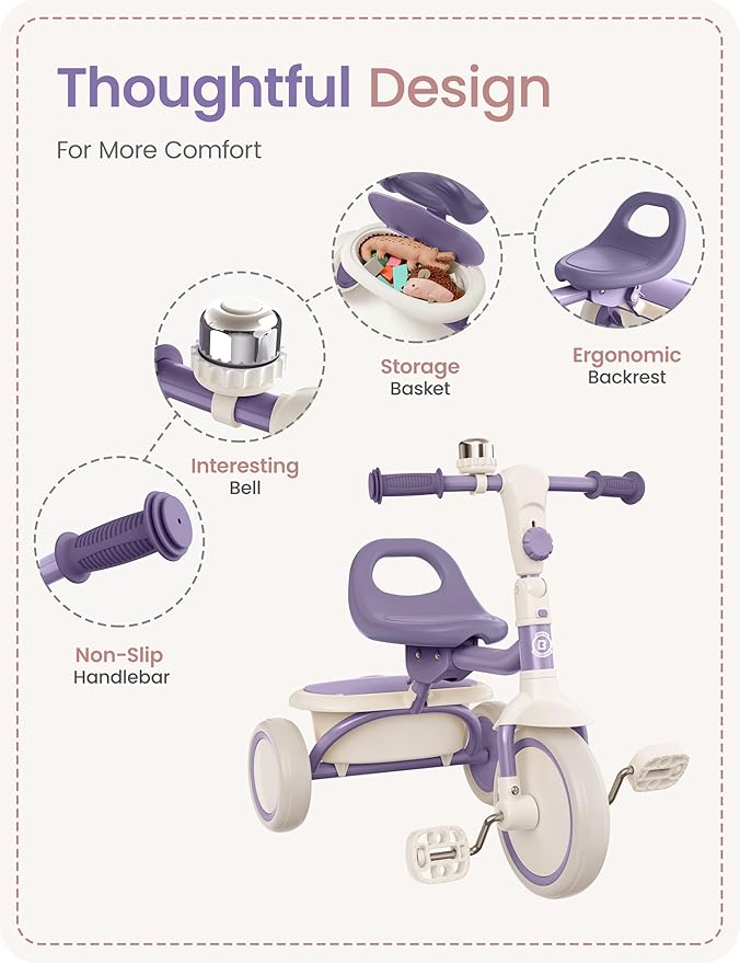 besrey Kids Tricycles Age 18 Month to 5 Years, Toddler Tricycle Kids Trikes Tricycle, Gift Toddler Tricycles for 2-5 Year Olds, Gift & Toys for Boy & Girl, Trikes for Toddlers, Dark Purple