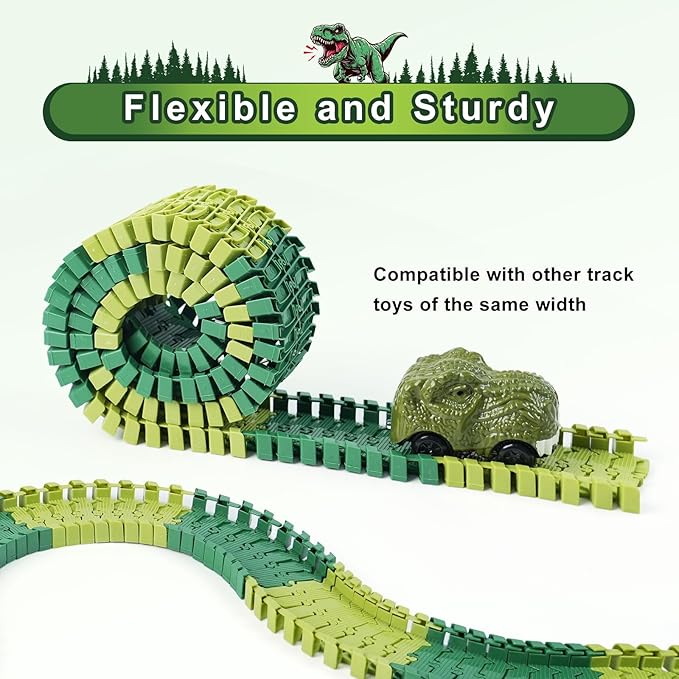 96 Pcs Dinosaur Flexible Track Expansion Kit for Kids - Birthday Gift for 3-5 5-7 Year Old Boys, Compatible with Most Dino Race Car Toys, Add-On Accessories for Building Track Sets