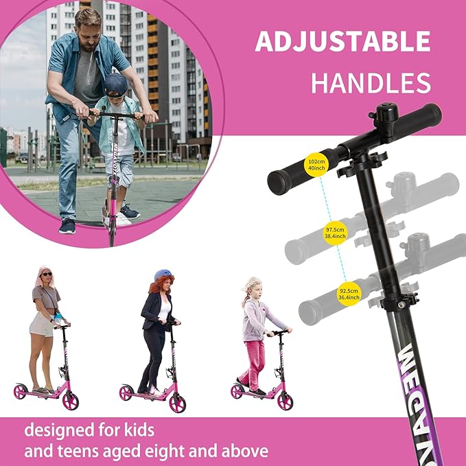 Foldable Kids Scooter with 8 inch Sturdy Wheels - Scooters for Kids, Teens, Adults Ages 8+, Adjustable Handlebar, Gift for Boys&Girls, 220lbs Max Load, Bearing ABEC7,Cup Holder