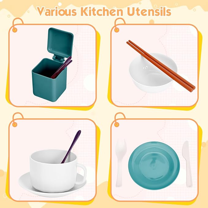 56Pcs Mini Play Kitchen Accessories for Kids, Pretend Cooking Playset with Cookware, Tableware & 2 Fruit Sets, Learning Gift for Girls, Boys, Toddlers, Green