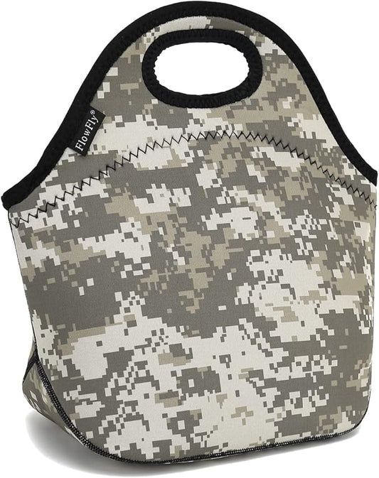 FlowFly Neoprene Lunch Tote Insulated Thermal Reusable Lunch Bag Box for Boys Men with Zipper (Digital Camo)