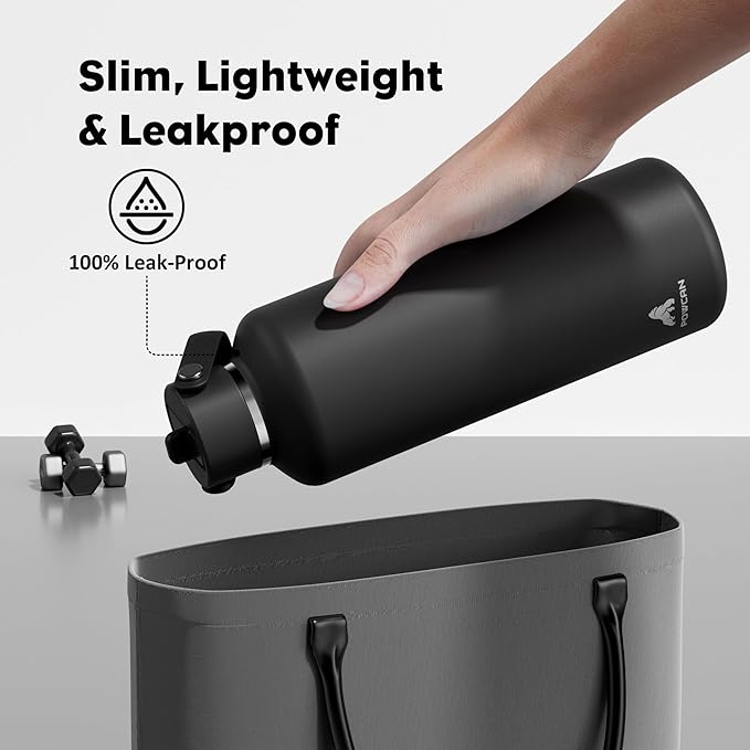 POWCAN 32 oz Insulated Water Bottle with Straw: Leakproof, Top Handle, Keep Cold 24H, BPA-Free, Double Wall Stainless Steel Water Bottle for Travel, Sport, Gym, Outdoors, Camping (Midnight Black)