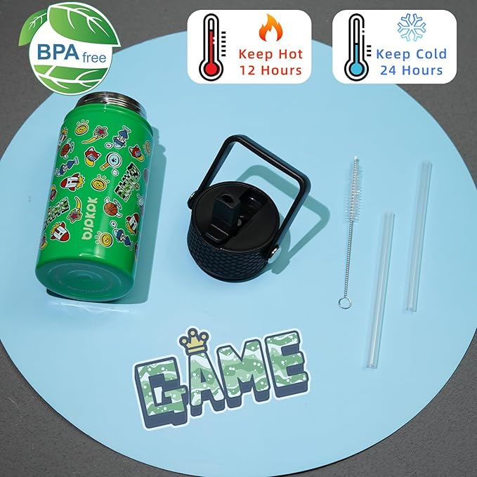 BJPKPK Insulated Water Bottle with Straw Lid, 15 oz Stainless Steel Metal Water Bottles, Reusable Leak Proof BPA Free Water Bottles, Cups, Thermo, Game