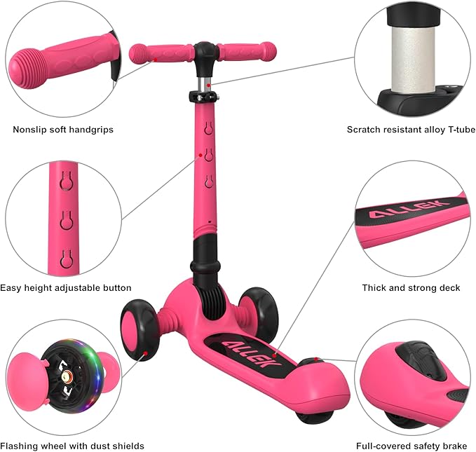 Allek Kick Scooter Foldable F02, 3-Wheel LED Flashing Glider and 4 Adjustable Height with Anti-Slip Thick Deck Push Scooter for Children 3-12yrs